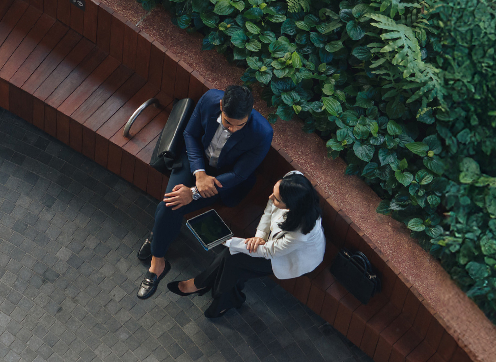 Business people sitting in a sustainable setting.
